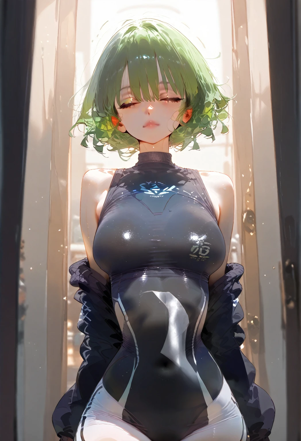 NFSW, (embarrassed,blush:1.2),(aroused fece:1.1),,naughty face,masterpiece,(steam:1.5),(sweat:1.5),(oily skin:1.3),very high quality, 4K,1girl, mature girl, mature,gal,GAL, aroused,(emerald light green hair:1.3),short cut hair,small fusion medium tits,nobra,braless,(don't expose your breasts),(curvy body:1.3),(glossy purple eye:1.2),(armpit sweat stains:1.3),(clothed see-through tight fit long sleeve white shirt:1.2) ,(clothed very tight fit white shirt:1.2),(micro mini very tight blue skinny jeans:1.4),choker,hairclip,tuck in shirt,ear piercing,nipples hard poking see through,full body shot,((standing with spread legs pose:1.4)),(trembling:1.8),(in train room:1.4),perfect hand,(put your hands behind your head:1.5),