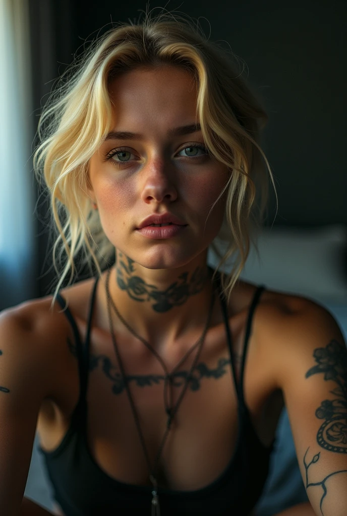 tatuados,a beautiful blonde with big breasts、(Tears),(Back tattoo、Many tattoos on both arms and neck)、 (Late night relaxation room),Candlelight only,Very detailed, 21 years old, Depressed face, Wavy Hair, blue eyes, High resolution, masterpiece, Highest quality, Intricate details, Very detailed, Clear focus, Delicate skin, practical skin texture, texture, Delicate eyes, Professional, 4K, Sad face,despair、 Shot with Canon, 85mm, Shallow and deep, Kodak Vision Color, Exactly, Very detailed, photograph_\(Extremist\), photographpractical, practical, Post-processing, Maximum details, Roughness, Real Life, Extremist practical, Photorealism, photographgraphy, 8K Ultra HD, photographgraphy
