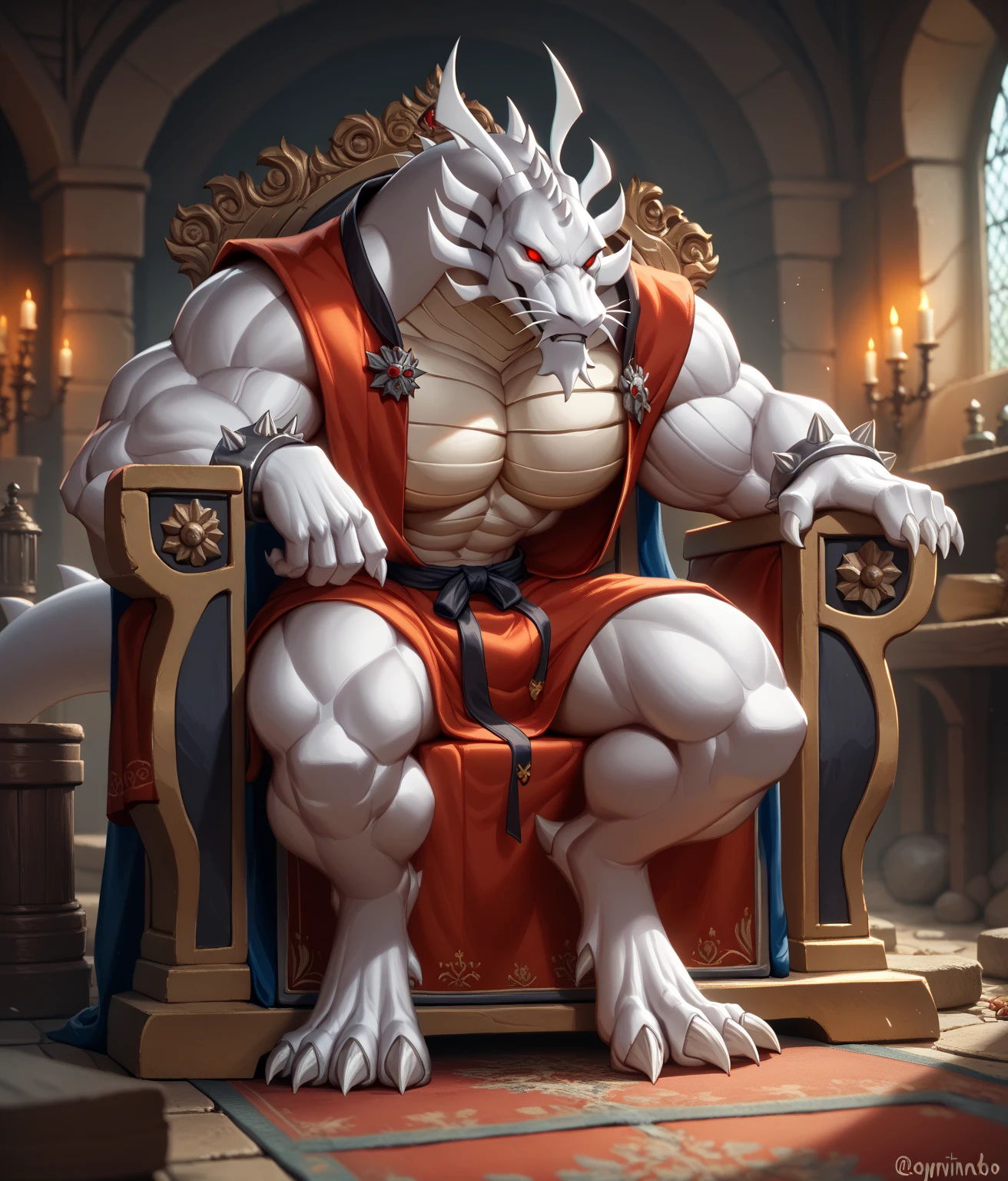1- art style: 2d 2- age: adult 3- scale color: red with white parts 4- Details: has a muscular physique, it's an anthropomorphic dragon, bonitas, it only has scales. with two white horns(a broken one)
5- State: calm 6- Place: a cave with treasure on the floor 7- Action: he is sitting on top of gold while a knight in armor is looking down at him 8- tall: he is 20 meters tall 9- clothes: clothes of a medieval commoner