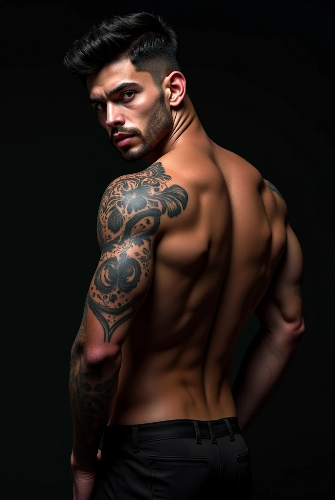 solid color backdrop,One person (Without a hat!!!),Handsome,rogue,Sense of oppression,Full body photo,Don't take a headshot,Punk head,Hair color is black,Upper body nudity,Tattooed with,Muscular,rule 34