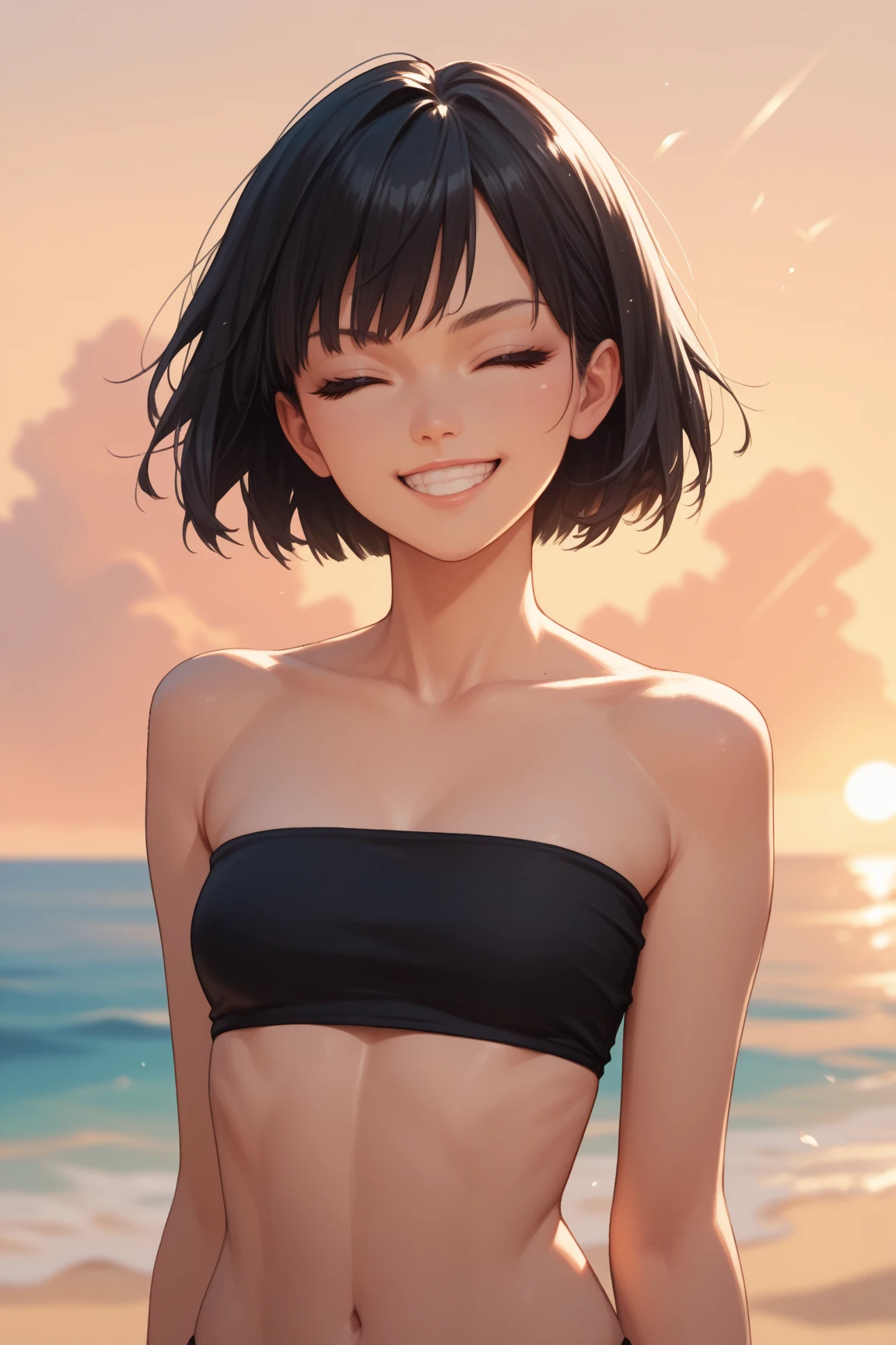 score_9,score_8_up,score_7_up,masterpiece,best quality, source anime, realistic, super detailed, extreme detailed, rating_safe,
1girl, standing, arms behind back,  looking up, from side,
BREAK girl, 22yo, short hair, bob cut, (blunt bangs), black hair, (tareme, detailed cute brown eyes), curled eyelashes, (large breasts:0.9), 
shiny hair, beautiful detailed eyes, beautiful face,
slender, 
black bikini, floating hair,
smile, (closed eyes:1.2), 
beach, summer, edge of water, sunlight, wind,