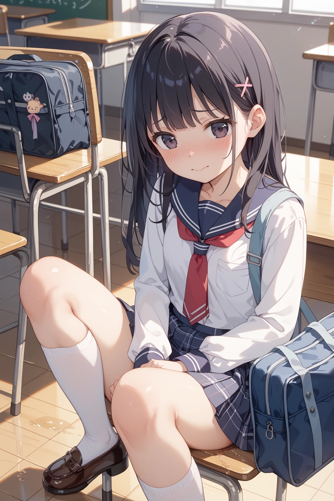 Masterpiece to the smallest detail、top-quality、realisitic、1girl in、独奏、18year old、Looks like 5 years old、140cm petite beautiful girl、small tits、5 year old baby face、Silky hair、Gradient bob in the forward、Pink and violet mesh、Tall, big eyes、Outstanding looks、A lovely child、proximity、closed_mouth、a smile、red blush、full of shyness、blue headwear、Hats、pink bowtie、校服、 Blue Blazer、blazers、Pretz skirt、grey skirt、Silk blouse、White blouses、an legs、Black socks、sitting on、Classroom、hair_ornament、looking_at_viewer、beatiful detailed eyes、Realistic eyes、panties on、unclear、Professional effects、unclear、Enhanced elegance、Innocent、wretched、maidennurse