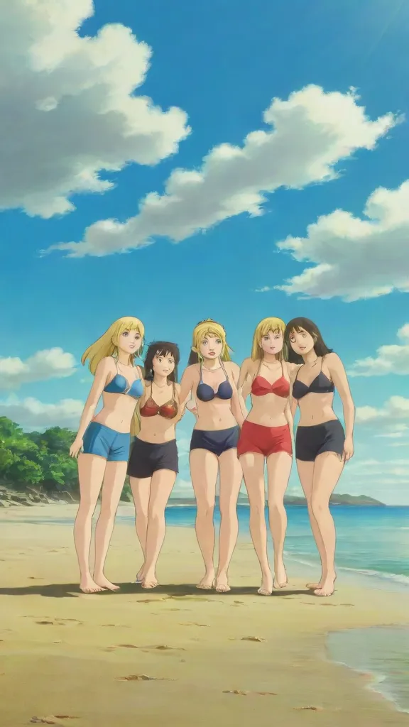 ((Masterpiece, highres)), 10+girls, group, same age sisters, ((brown haired girls, blonde girls)), long hair, curly hair, matching hairstyles, different hair color, confident, elegant, proud smiles, (((matching outfits, bikinis)))