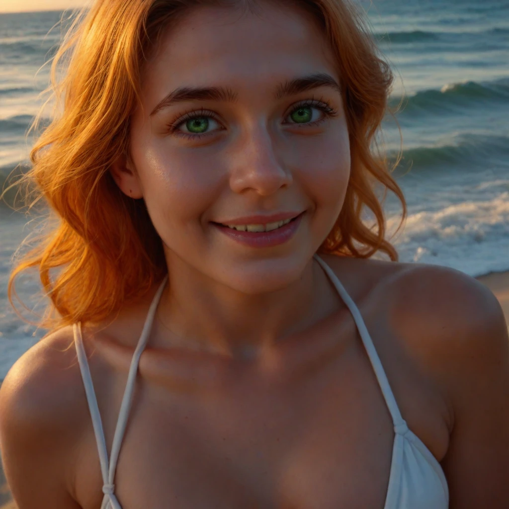 1girl in, age19, beautiful teen, Solo, Aesthetic artwork, irish, wavy ginger hair, shoulder length hair, freckles, pale skin, A-cup, small breasts, runners body, (textured skin, skin pores:1.1), goosebumps, sitting on beach, selfie style shot, sexy bikini, non nude, nsfw