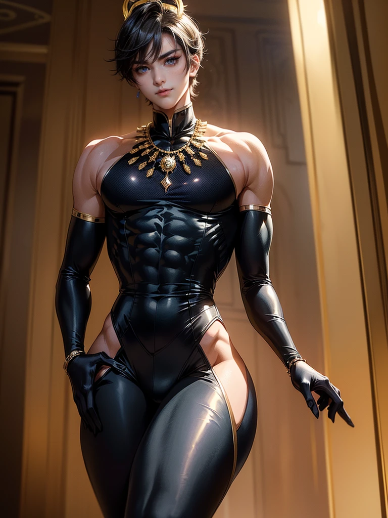 (Masterpiece, plain background:1.2) white short bob hair and skin, white eyes, thin legs, thin body, leather corset and leather collar choker with golden neck bell, shackles wristbands bracers bracelets sleeves, whitish micro bikini 👙 maid, 1MILFWOMAN BIMBO full body standing symmetrical with both hands on hips, wide hips, view from below