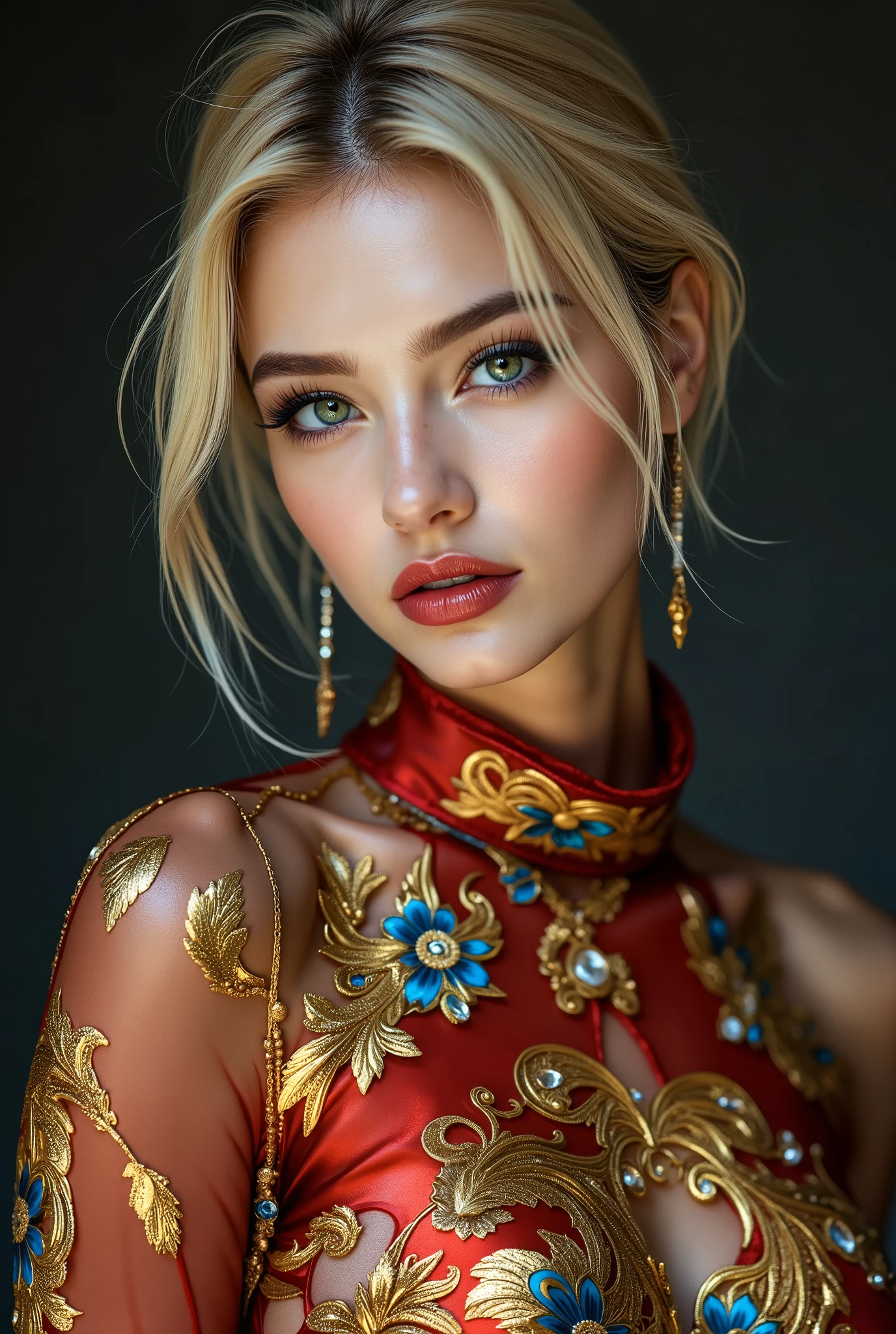 Realistic ((Photorealistic realism)), Hyper high resolution, ((Hyper insanel quality, epice masterciece, intricately detailed digital art)),((focus on extremely Realistic Proportion Body:1.3))(ultra realistic texture details: velvety skin, hair), ((sharp focus, no blurry eyes, Hyper absurd quality, Hyper details,Hyper realistic green_eyes:1.4)),((extra narrow eyebrows)),(Carefully draw Long blue_mascara:1.15),(perfect round eyes), (finely detailed pupils, (extremely fine details pupils)), detailed lips:1.3, (apply glossy red_lipstick:1.3), (perfect proportions:1.2), BODY PAINT FINISH, ((Transparent_ Garnet Solo Mesh))、 Versace Baroque Pattern), body paint dress, (short blonde stylish hair, ((slicked to the side:1.3)), extreme details:1.35)), dslr, high quality split lighting, sharp focus captured by Fujifilm XT3, f 5.6,(perfect composition),((look at the viewer)), HDR, UHD, studio lighting, physically-based rendering, vivid colors,