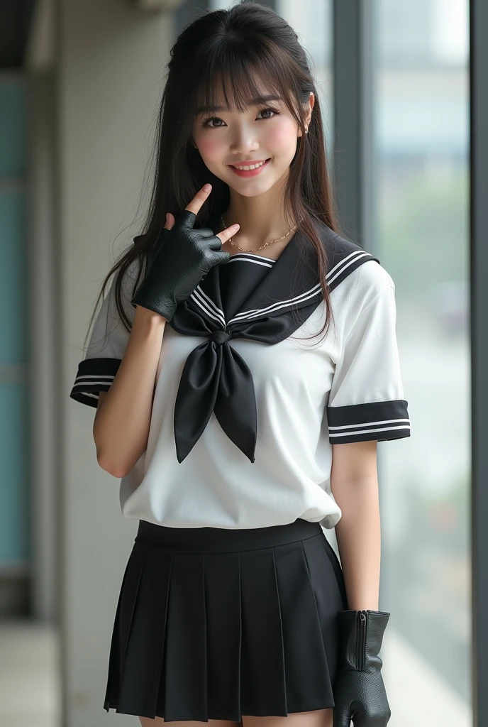 ((highest quality、8k、masterpiece:1.3)),((((cowboy shot)))),Ultra-high resolution,big eyes,Japanese,bangs,(a girl),(1 girl),((20 years old)),((facing at viewer)),(long hair),(((black sailor uniform))),grin,((sitting on chair)),(pleated mini skirt),(((pussy))),((pubic hair)),((skirt lift)),((short crew socks))