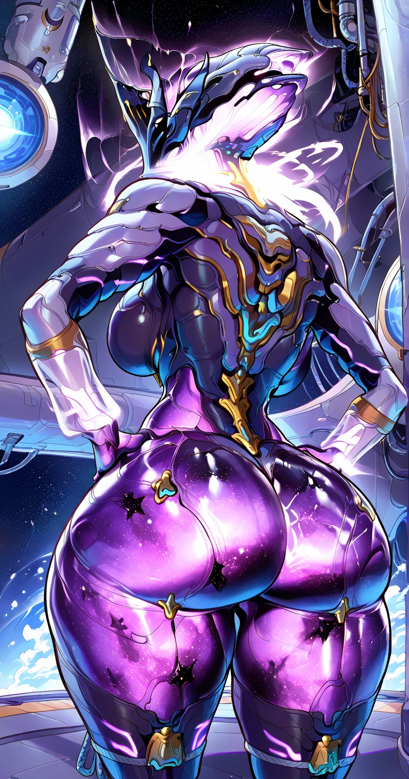 best quality,ultra detailed,solo,score_9, score_8_up, score_7_up, score_6_up, score_5_up, score_4_up, source_anime, 1girl, clara, blue hair, hair tubes, grey eyes, bodysuit,big breasts, standing sexy pose, (behind view,portrait),full body,heavenly ass, heavenly breasts, big ass, no shoes, wearing black heels, upset, face, long legs, tight bodysuit, tight sleeves, black bodysuit, half-closed eyes, backside, charging dark power, charging dark energy, dark energy, using dark power, using energy, using dark energy, charging dark energy, dark aura