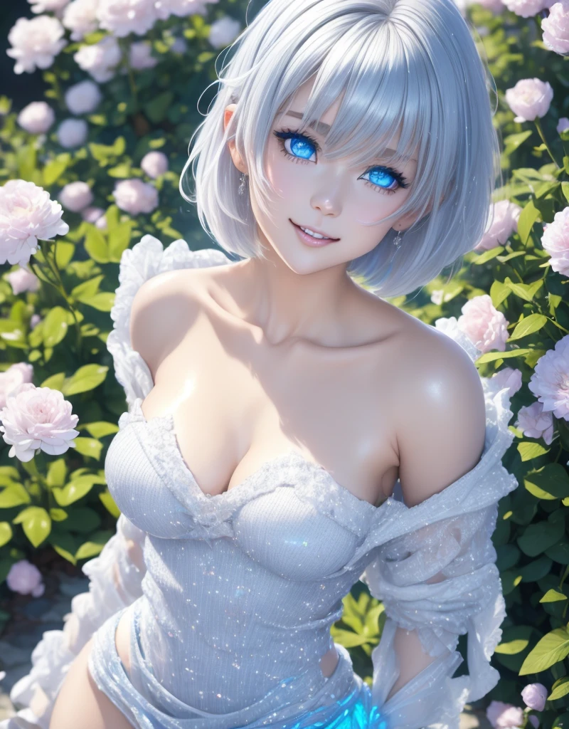 best quality, 32k, RAW photo, incredibly absurdres, extremely detailed, delicate texture, platinum-silver messy pixie cut hair, side braided, beautiful woman, shining blue big eyes, amorous and lewd expression, happy, shy, wearing iridescent white-based loose cute girly knit fashion, superlative body proportion, background lush garden with falling petals, iridescent pastel colour, wind