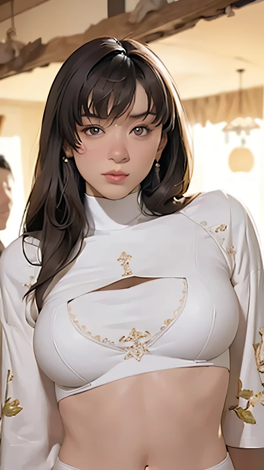 (best quality),((masterpiece)),(highres),(highres),(extremely fine 8K wallpaper),overexposure,1girl,(medium chest),(extremely delicate and beautiful),(beautiful and detailed description of eyes) , (beautiful detailed facial features), (single person), (upper body), arms, rain skirt, hair accessories, necklace, jewelry, earrings, chinoiserie architecture, wavy hair, messy hair, swept bangs, masterpiece, exquisite , transparent down jacket,kawaii face,anime,(harem outfit),full body,;d,