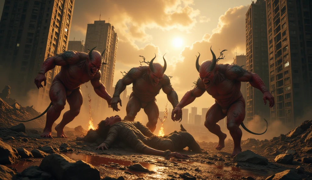 (realistic photo) creates a mutant eating a civilian with dirty and torn clothes while other mutants chase and torment the other civilians, Make it a ruined city and make the mutants disproportionate