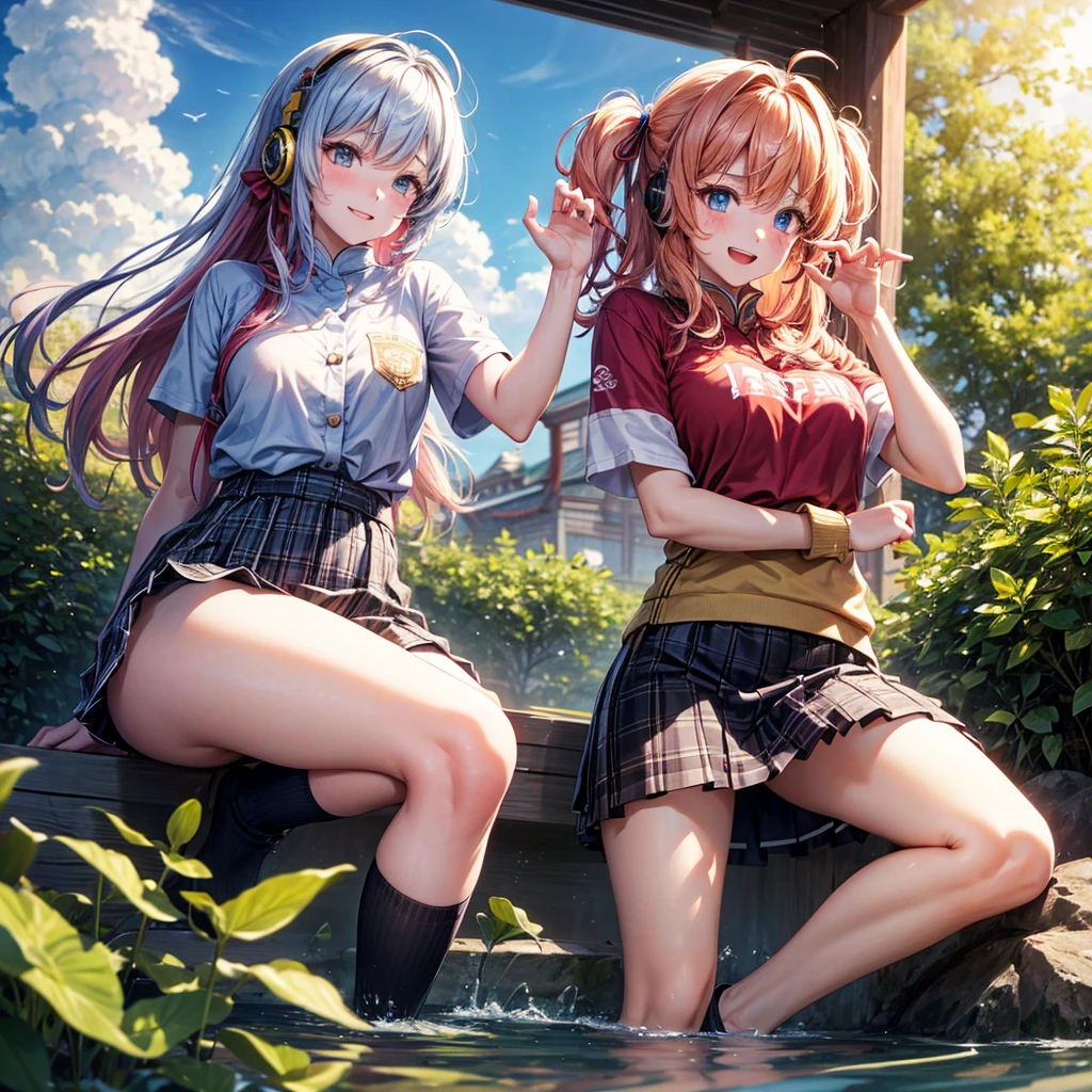 One girl, whole body, summer, village, wood, sun, cloud, ((Colorful Hair)), Big Breasts, button down, blue eyes, ((red, White and green shirt)), ((Unbuttoned shirt)), Unbutton a button, ((Short sleeve shirt)), Black mini skirt, Brown shoes, Grin, Looking at the audience, Are standing, red, White and green hair ribbon, Cleavage, ((Golden Necklace)),Round Glasses