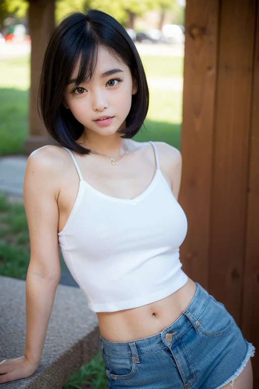 Close-up of a woman taking a photo、The most beautiful Japanese models、(8-year-old female model:1.5)、(young、Round face、Kind Face:1.25)、Droopy eyes、double eyelid、(bangs、Black Hair、short hair、Straight hair)、No makeup、(Knitted Products、Tube top:1.5)、(Super cute idol face:1.4)、(Slim Beauty、、flat、length, thin首、Narrow shoulders、Small shoulders、thin腕、thinお腹、delicate、flat体)、Put your arms behind your back、Put your hands behind your back、(belly button、おbelly button露出:1.2)、Waistline、sexy、Modest chest、Beautiful breasts、Shining Breasts、Cleavage、(Micro Shorts:1.5)、(super short shorts:1.2)、thin、thin生地、Shorts that look like pants、Jeans Material、Distressed jeans、Low waist、Pulled down pants、Face Focus、Gazing at the audience、hot gaze、(RAW Photos、Highest quality、masterpiece、Ultra-high resolution、Ultra-high resolution、8k、Genuine)、Pose with wriggling hips、((Bend your waist))、Field、Good weather、Daytime、nature、