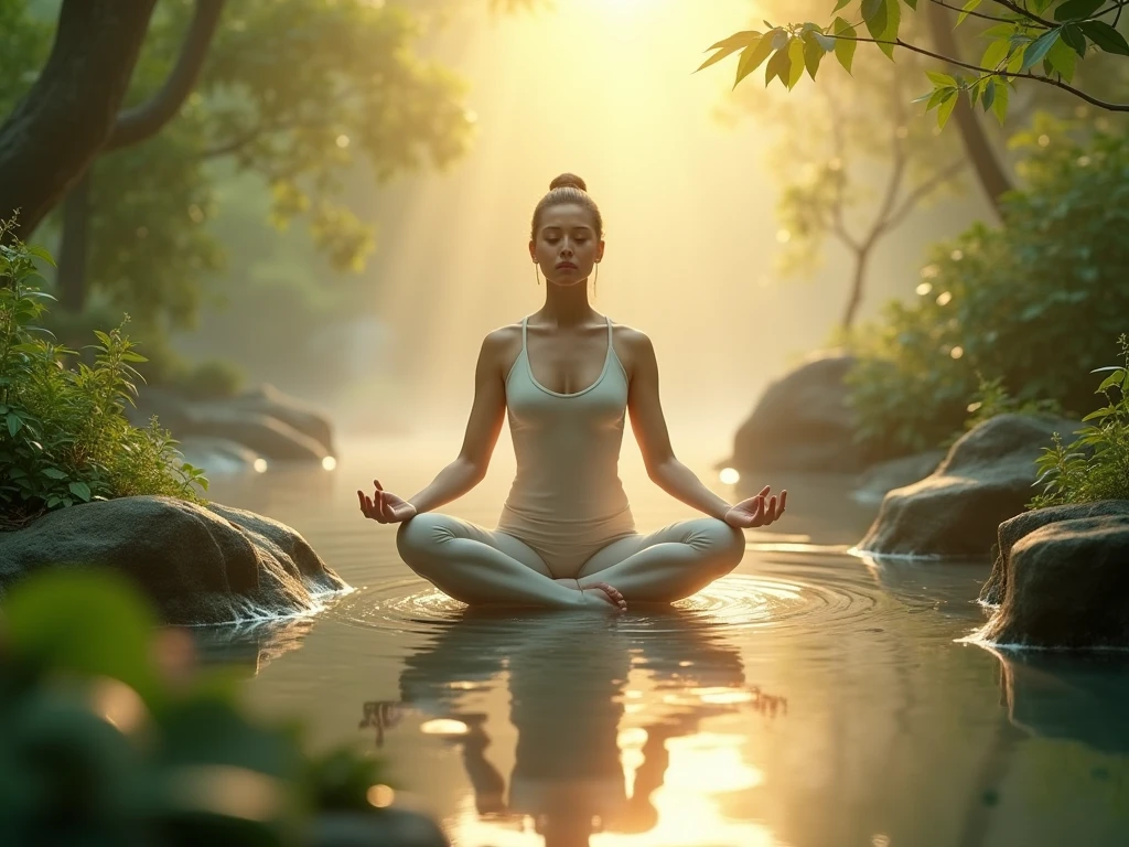 image méditative d'une personne assise dans la nature, yeux fermés