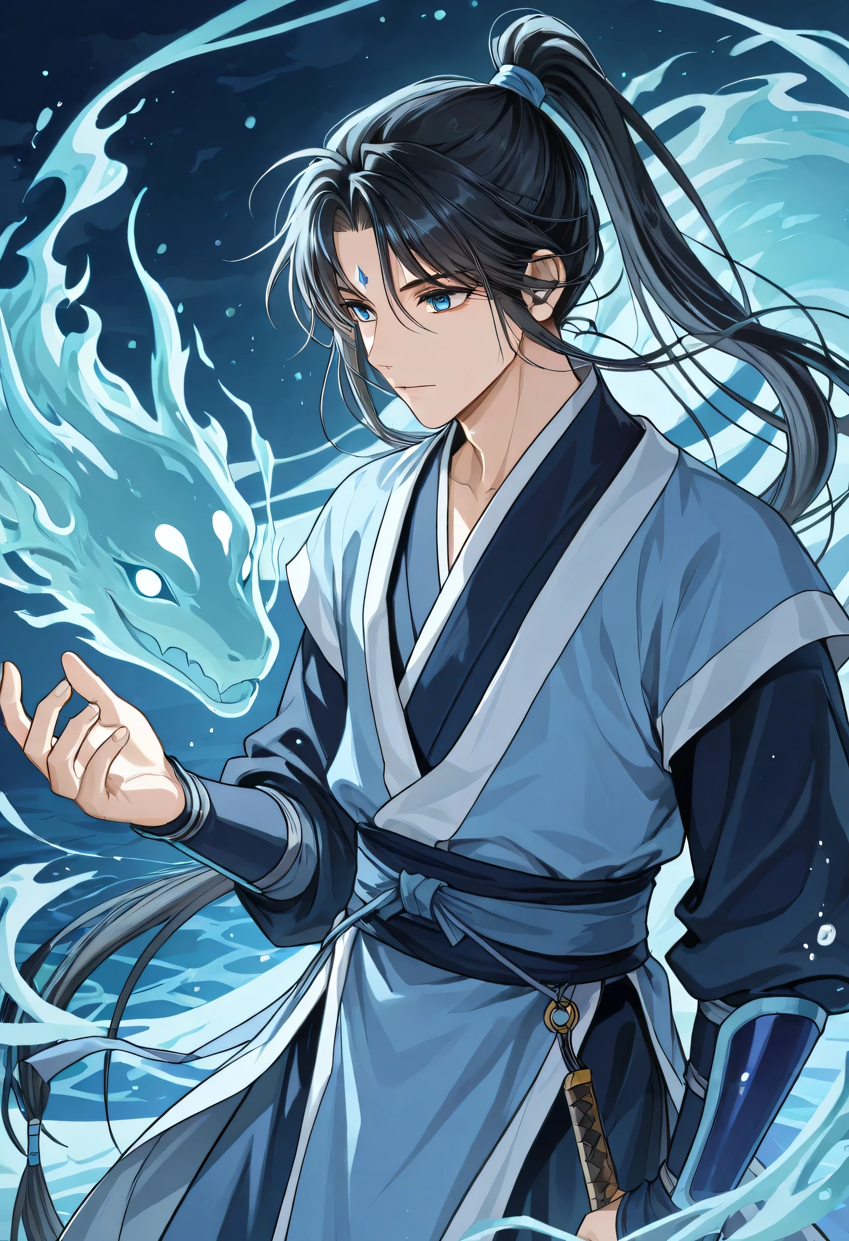age boy, 18 years old, blue eyes, black hair tied in a ponytail, blue armor, blue hanfu, black clothes underneath, manhua style, sea demon spirit, high resolution, hd, swordsman, solo, ultra detailed
