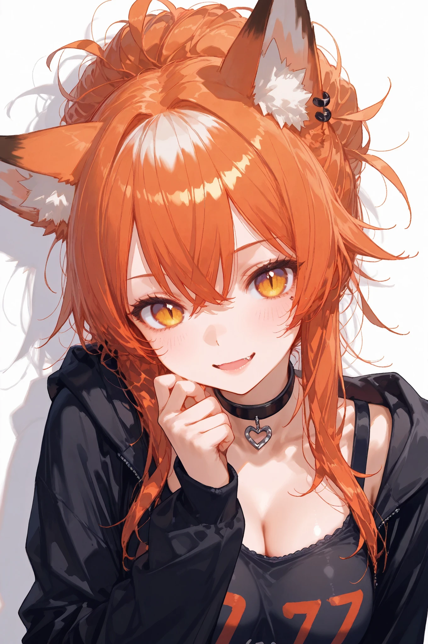 fox girl, Best quality, score_9, score_8_up, score_7_up, a fox girl anwkard, highly detailed 8k, masterpiece, beautiful facial features, fang, (slit pupils), high quality, ultra-detailed, hdr, multi nuances of warm vivid colors hair, intricate textures, warm ambient, drop shadow, messy hair, (dynamic pose), face piercings, raise hair up