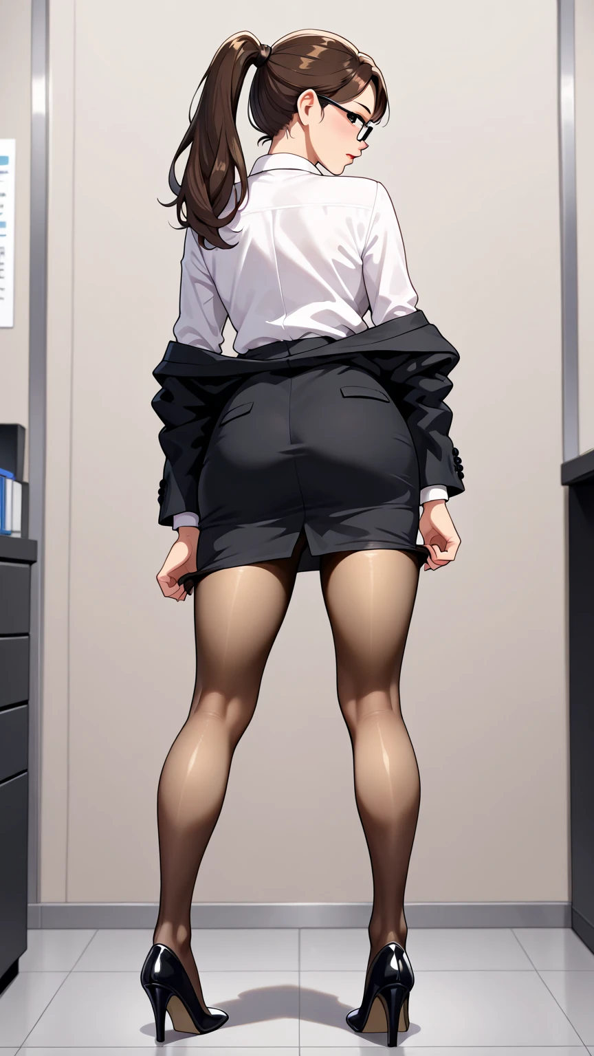 a pregirl,short skirt,with short black hair,White stockings