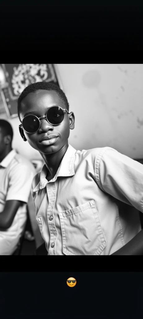 a small boy, wearing school uniform with jacket, cap, glasses, dark reflection, light from far distance, african america