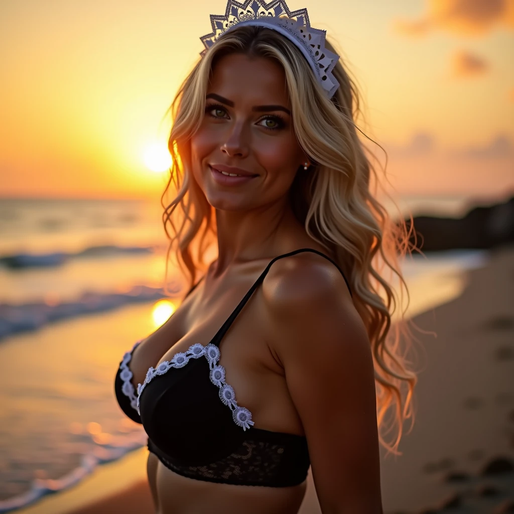golden hour lighting, outside beachside and ocean scene with beautiful colorful vibrant sunset, perfect composition, Very beautiful portrait, real photo, 2 very innocent supermodel, seductively lying down on the beach, wearing a high fashion expensive highly detailed very expensive bottom half lingerie style French maid very sexy slutty outfit (no bra with visible nipplesblack and white lace thong, very beautiful long flowing wavy blonde wind blown hair, the perfect day, shy little teasing flirty smile, perfect small cleavage, flirty pose, sexy pose, seductive pose, very fun flirty sly seductive very mischievous smile,