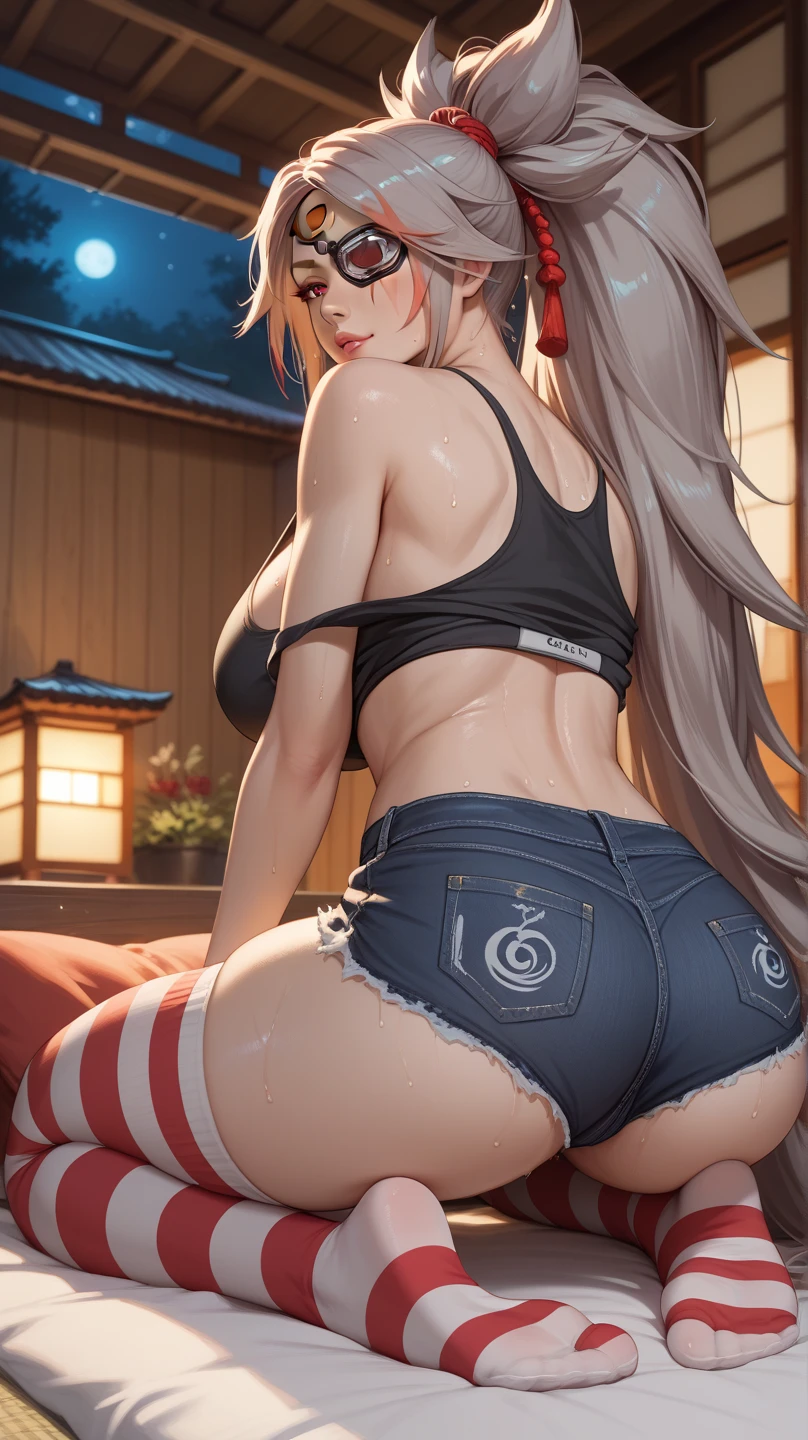 (((masterpiece))), 4k resolution, highly detailed, (((extremely detailed eyes))), detailed background, luminous lighting, crystal clear eyes, blue eyes, high quality, high resolution, ultra-detailed, 8k, best quality, (1girl), ground, shadow, backlight, light particles, thick filters, (((muscular thighs))), (masterpiece: 1.3), (best quality: 1.2), (super fine illustrations :1.2), (masterpiece), (masterpiece), high quality, high detail,(SOLO:1.4),((round image)), 1girl, (kamisato ayaka), smile, blush, closed mouth, thick , medium breasts, (((white hair))), on the beach at night with a starry sky and a full moon in the sky, from above, (muscular belly), (((in a very short bikini))), from the coast, barefoot, (((showing her ass to the camera)))