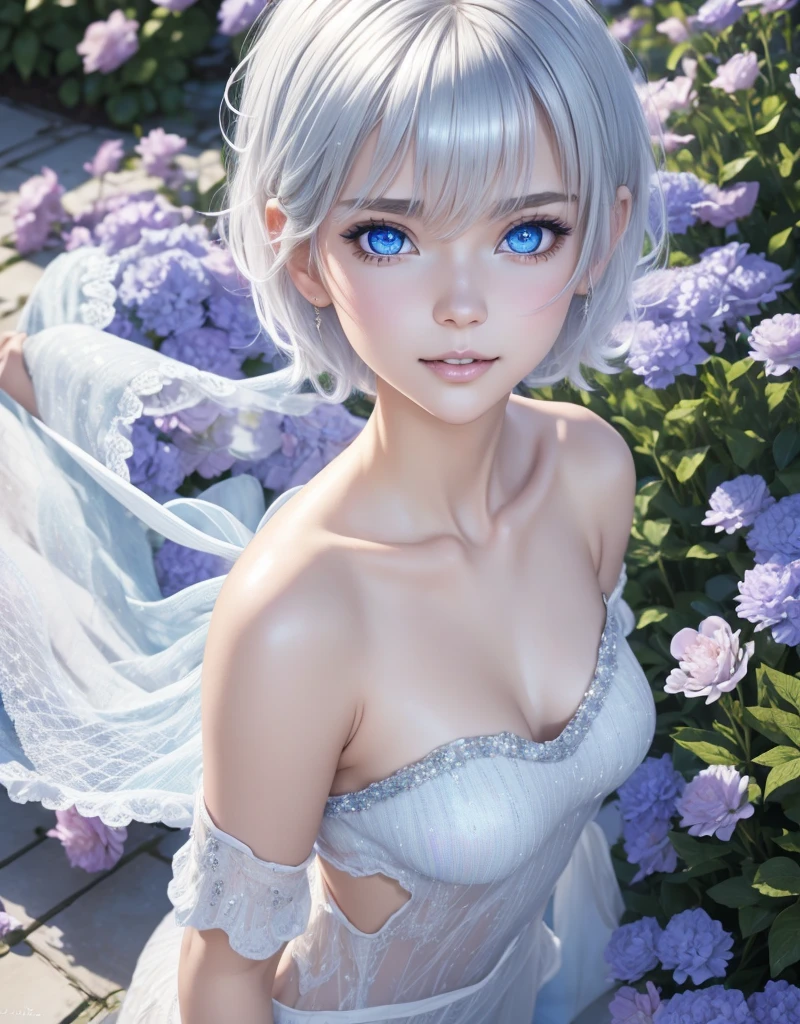 (RAW Photo: 1.2), (Photorealistic: 1.4), (Masterpiece: 1.3), (Best Quality: 1.4), Ultra High Resolution, (Detailed Eye Features), (Detailed Facial Features), (Detailed Clothing Features), HDR, 8k Resolution, Solo Focus, Bangs, Skin Tightness, Shiny Skin, (Slender Beautiful Girl), 18 years old, No Letters, Bob Hair, Short Hair, White Hair, Blue Eyes, One girl, see-through dress, (full body: 1.2), smiling