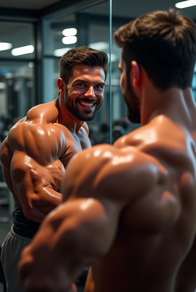 A man flexing his body IN gym mirror