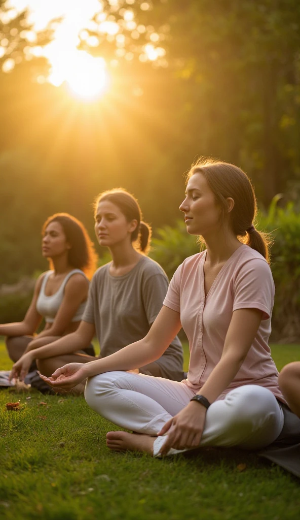 a group of people practicing yoga in a serene garden, peaceful expressions, detailed faces, beautiful detailed eyes, beautiful detailed lips, extremely detailed eyes and face, long eyelashes, graceful poses, flowing clothing, sunlight filtering through the trees, lush greenery, warm color palette, natural lighting, photorealistic, 8k, best quality, masterpiece