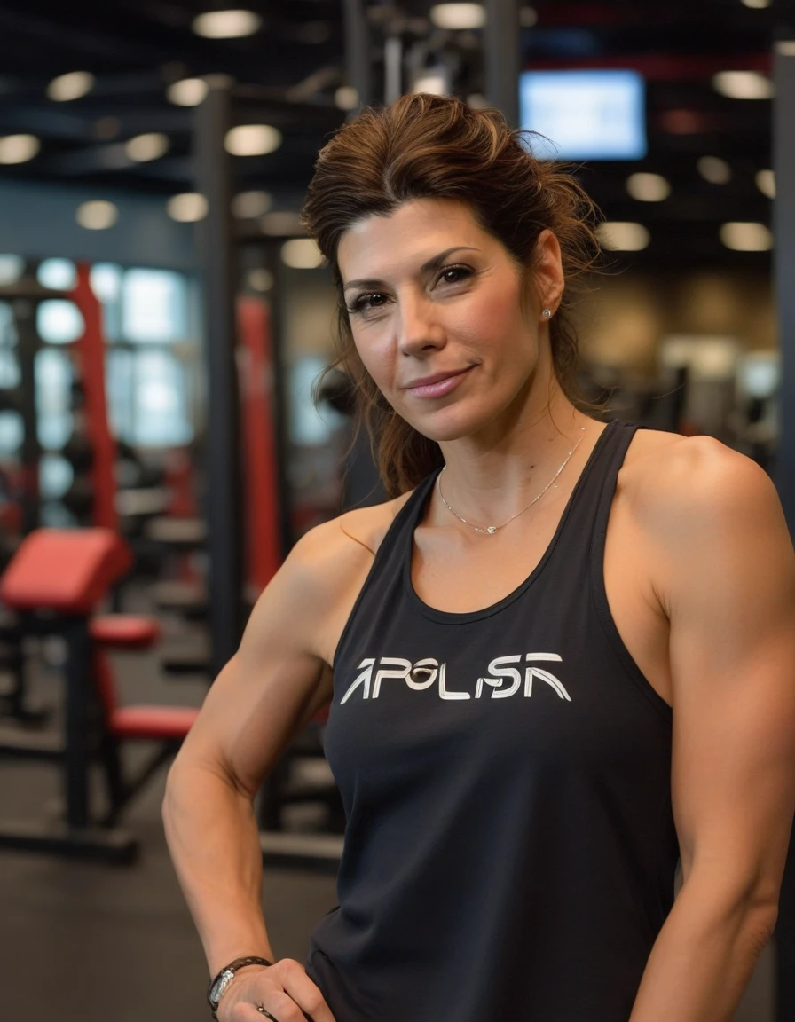 50 years old woman, inside a gym, smiling, natural breasts, slim, big breasts, (gym clothes), toned stomach, photorealistic, photo, masterpiece, realistic, realism, photorealism, high contrast, photorealistic digital art trending on Artstation 8k HD high definition detailed realistic, detailed, skin texture, hyper detailed, realistic skin texture, armature, best quality, ultra high res, (photorealistic:1.4),, high resolution, detailed, raw photo, sharp re, by lee jeffries nikon d850 film stock photograph 4 kodak portra 400 camera f1.6 lens rich colors hyper realistic lifelike texture dramatic lighting unrealengine trending on artstation cinestill 800 --auto --s2