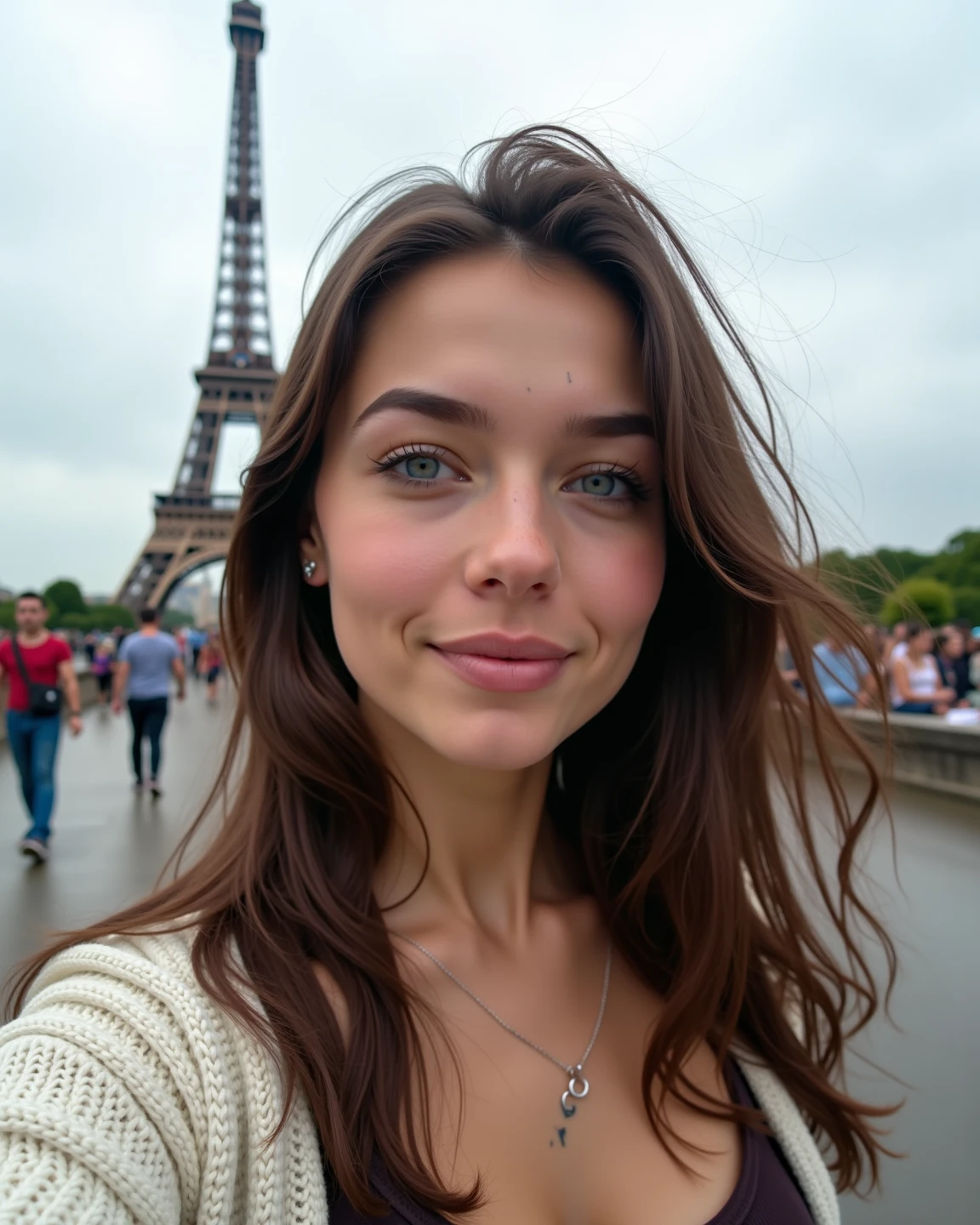 Best quality, masterpiece, (realistic: 1.2), 20 year old Italian, slender body, modern style, near the Eiffel Tower, detailed face, detailed eyes, sexy glasses, is sitting, green eyes, thin lips, High ponytail, happy expression, detailed skin, (look at the viewer, dramatic, bright, sharp focus, 50 mm, F1.2, EOS-1D X Mark IIelfi)