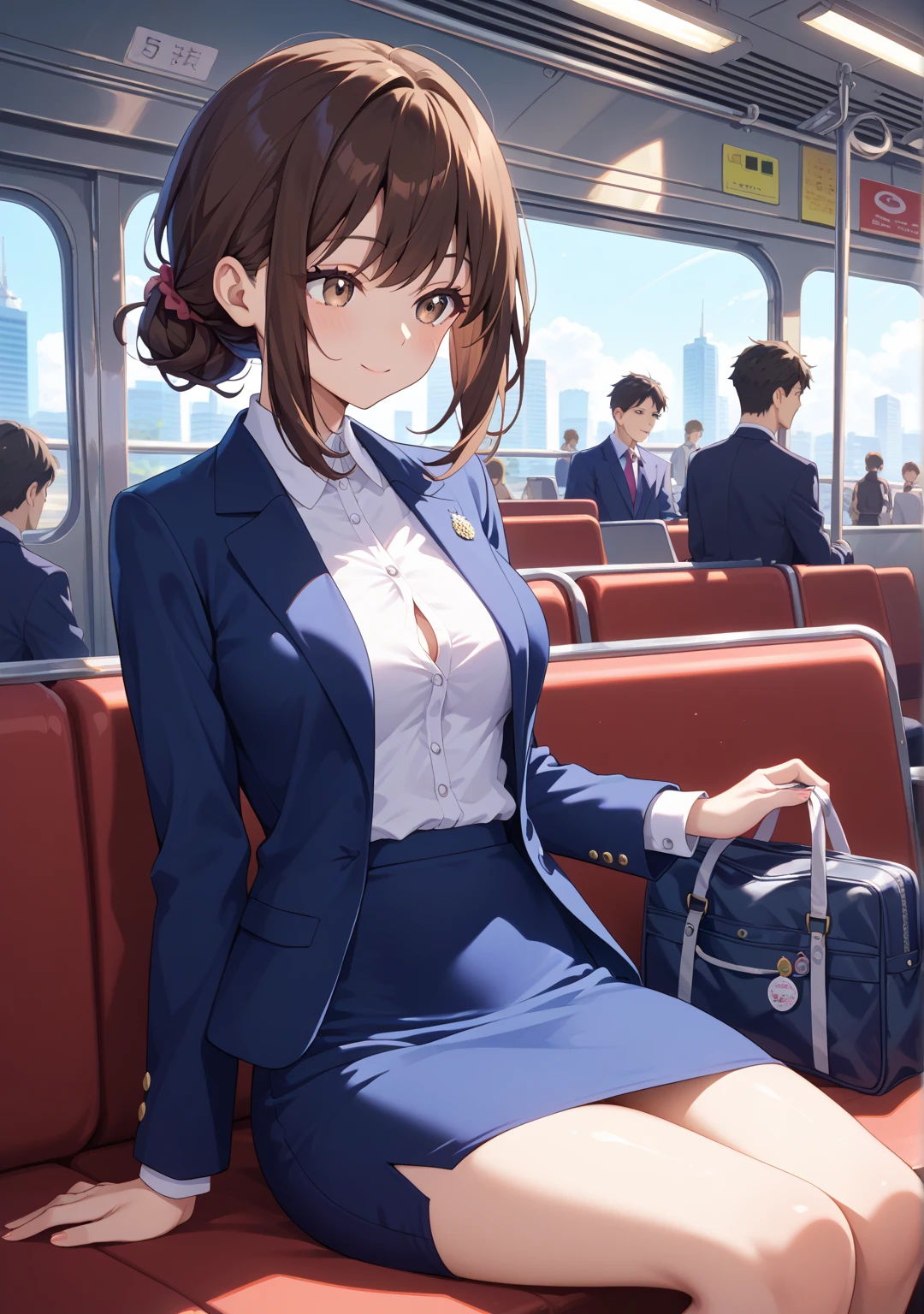 A beautiful office worker in a tight skirt is sitting in the seat directly in front of me on the train, with her butt facing me and smiling.