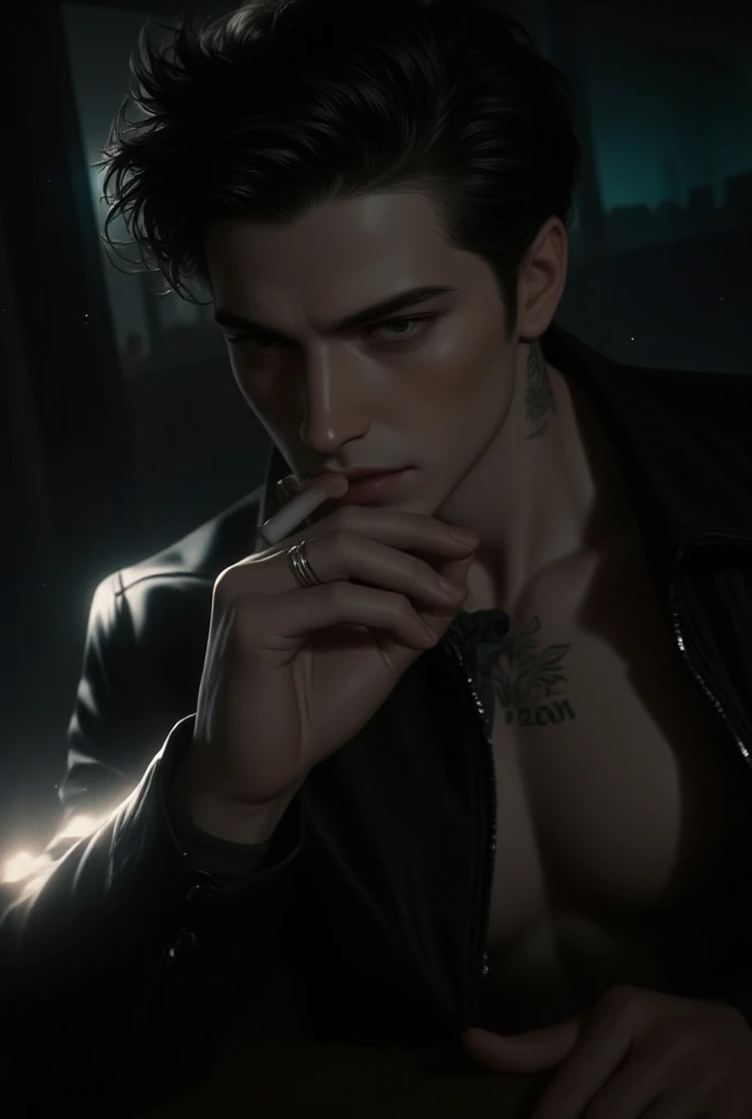 (8k, RAW photo, highest quality),(epic realistic:1.5), 1guy, muscular, tattoo on neck, smoking, dark, highly detailed, black suit, no shirt, intricate details,cinematic, dark studio