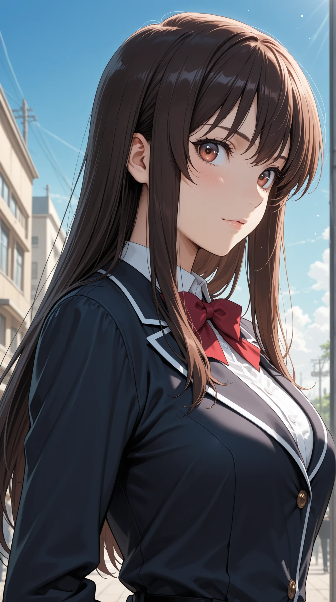 ((Tabletop, highest quality, High resolution, Hmph, Perfect Pixel, 4K, Hmph, Hmph))), One Girl, single, alone, Beauty、The whole body is visible、 ((Mid-wave hair, bangs, Brown Hair)), ((Brown eyes, Beautiful eyelashes, Realistic eyes)), ((Detailed face, Blushing:1.2)), ((Smooth texture:0.75, Realistic texture:0.65, Realistic:1.1, Anime CG Style)), Medium chest, Dynamic Angle, Perfect body, ((Red bow tie, , Black jacket, Open jacket, Brown cardigan, White shirt, Black Skirt, Checked skirt)), City stairs、Looking up from the bottom of the stairs、Very embarrassing panic smile, looked back、Leaning forward、(The wind blew up her skirt, exposing her buttocks....................、Touch your buttocks with both hands、Light blue floral lace panties)、