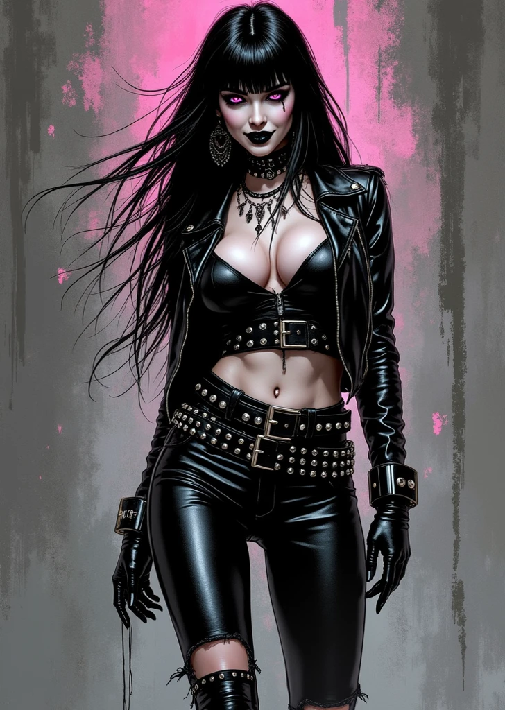 Dark skin, busty, green eyes, black hair with a green stripe, green eyes, black lipstick, early 20s, rockstar, Black her bridal motif changes to a rocker one, and she has a black sleeveless dress with a Green ruffled underskirt and black shorts, and a black and green leather jacket and thigh high boots. She has black spikes on her boots, and a black spiked collar, wrist cuffs, and headband, with emerald spikes down the center of her dress. She also has black biker gloves and a clover zipper pull on her jacket.