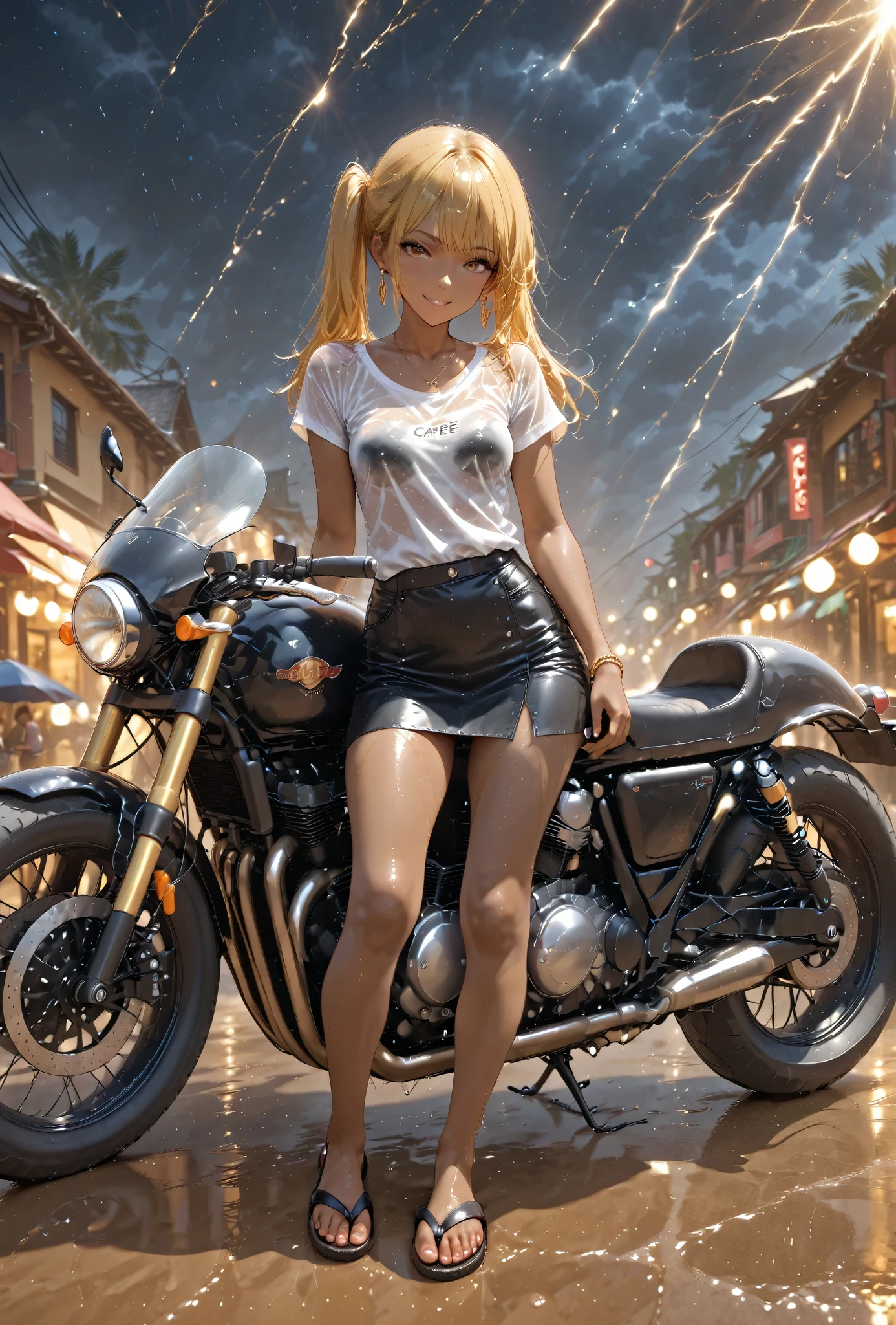 A motorcycle tuned to Cafe Racer specifications and 1 person(kogyaru)beauty Drenched Ponytails blonde brown skin black skin Realistic RAW photos Malicious Expression smile Look at you melancholy mood earrings bracelet、 standing、textured skin 、small breasts in Mbini、Toned Arms、 wet shirt 、Wet Skirt、flip flops、bad weather、thunderstorm、Fluid all over the body