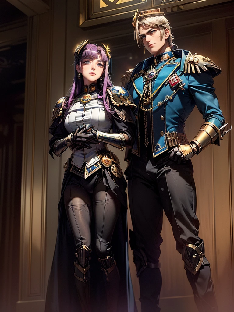 Woman with blue eyes and long hair, arms and long, with a man with rainbow eyes and spiky hair like dDouma