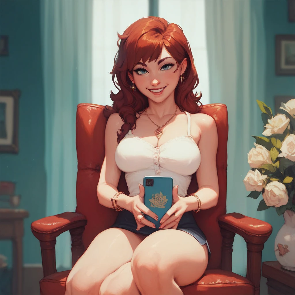 raw, analog style, a sincere, beautiful woman, (smiling), blue eyes, Long Orange Hair, with a tight sexy white dress, Shiny fabric giving the effect of leather quite short and revealing, in the living room of a house, sitting on a sofa with legs crossed, with a cell phone in her hand talking to her lover while running her hand along one of her legs, Soft lighting, evening