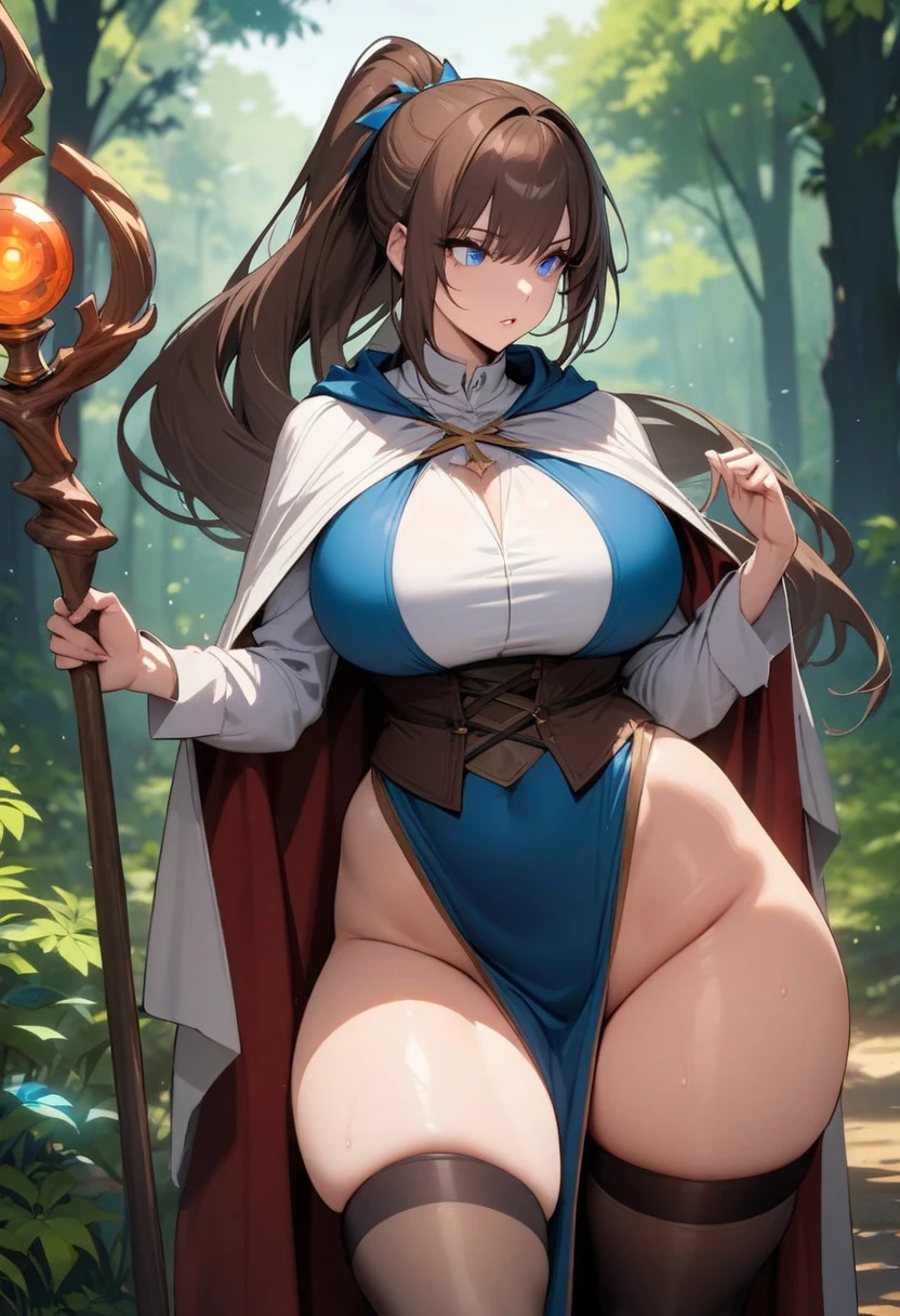anime woman, long straight brown hair, green eyes, peach colored skin, ((SFW)), detailed face, detailed eyes, UHD 8K, dark brown and white jedi robes, large F cup breasts, wide hips, thick thighs, brown thigh high boots, one person, solo, full body image