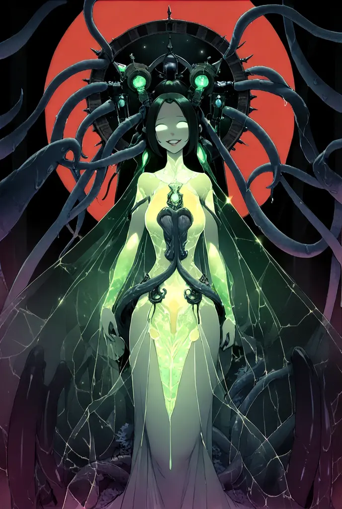 (A portrait of one beautiful and obscene female alien who is a teenager:1.4), ((There is a female genital-like organ in the middle of her forehead:1.8)), (realistic face:1.2), pale skin, (Numerous award-winning masterpieces, with incredible detail, textures and maximum detail), artistic photography, midnight aura, unreal engine 5, Ultra Sharp Focus, (art by Amano Yoshitaka:1.5), ArtGerm, Roisch, intricate artwork, ultra realistic realism, high resolution, High freshness, drawing faithfully, official art, Unity 8K Wall paper, ultra detailed artistic photography, dream-like, Creation of fantasy, dream Snail, (biopunk nautilus:1.3),Thrilling color schemes, Amazing mutation, well-proportioned body, (The goddess of the deep sea:1.5), fractal, Geometric pattern, impossible figures, (a lot of translucent iredescent tentacles with luminescent organs:1.4), subtle emerald green accents, (smiling seductively:1.3),(She has the most beautiful face in the history of the universe:1.5), (she is looking down at viewers with glowing iridescent eyes with no pupils:1.3), an evil gaze that seduces, cinematic lighting, (no makeup:1.3), (Vampire-like long canine teeth can be glimpsed through the gap between the cute lips:1.5), in the hall of the palace, Sweet breath is exhaling from beautiful lips, ecstatic expression
