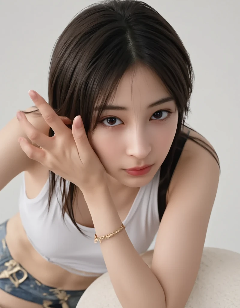 Transgender asian girl. Wearing blue inner wear and and shorts selfie pic close up face
Touching her chin with two fingers while other fingers closed 