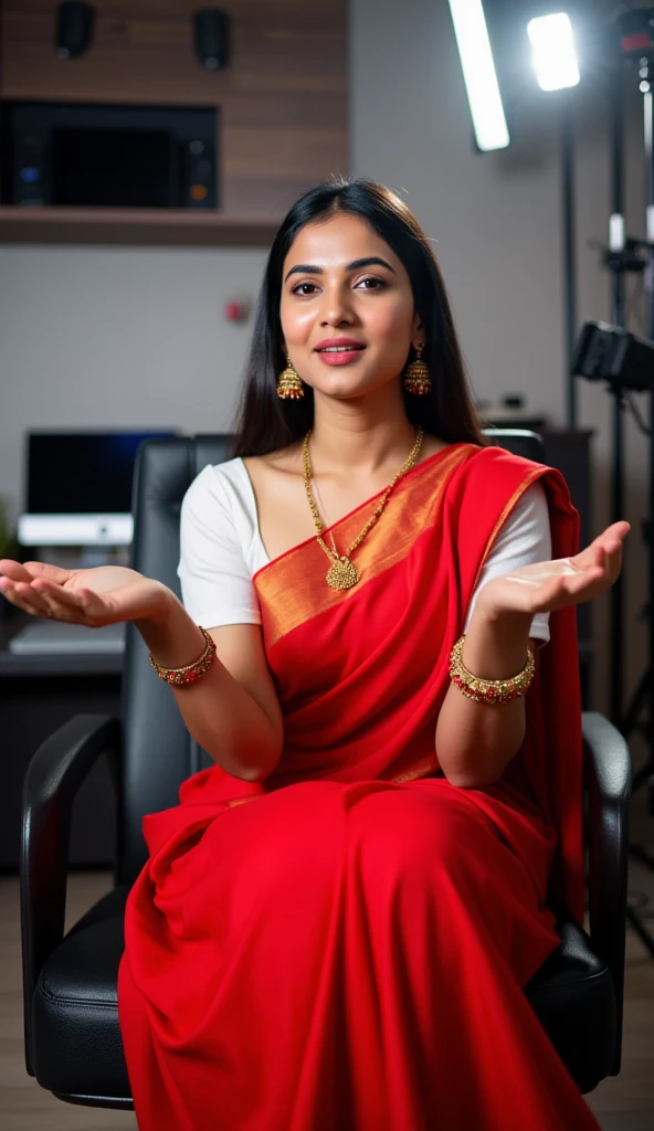 "An Indian young modern Lady sitting on a chair in his modern YouTube studio, wearing red saree white blouse displaying his  looking. 

She  is facing forward with a clear and confident expression, using both hands to explain something enthusiastically.

The studio background includes professional lighting, a camera setup, and a computer screen, creating a bright and engaging atmosphere that highlights the creative workspace."
