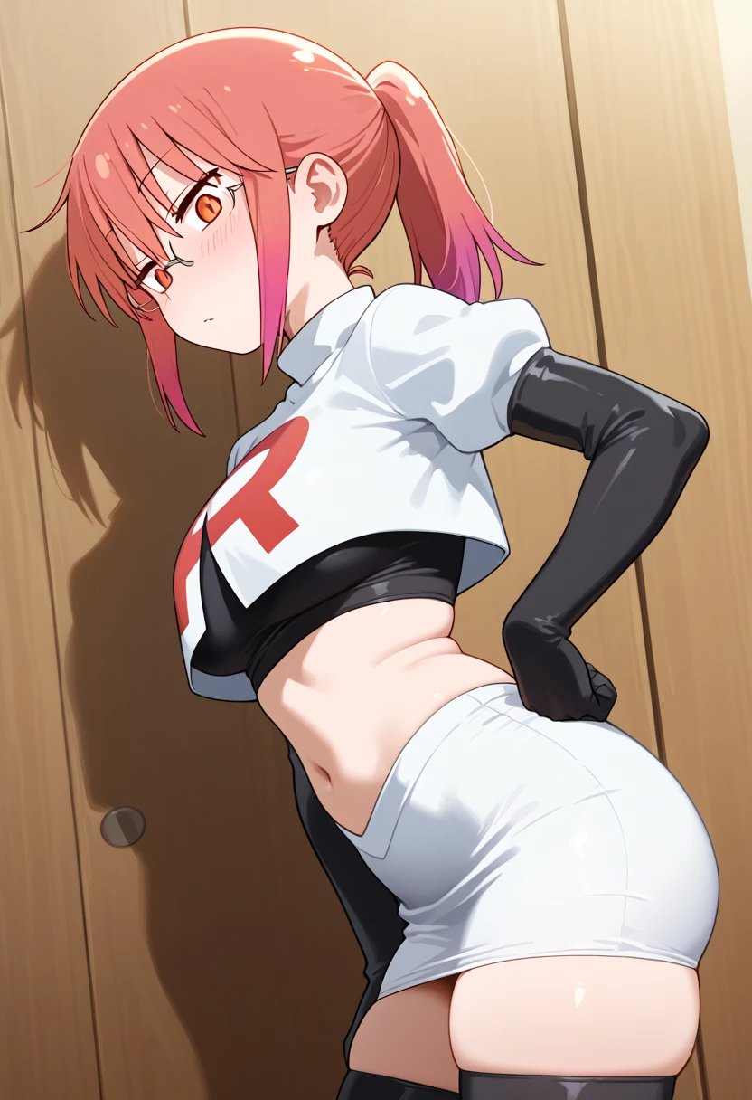kwonie, back view, (((annoyed))), doing yoga, 1woman, red short hair, teal eyes, (((orange underboob top))), (((orange skintight pants))), black neck collar, 8k, 16k, trending on pixiv, fanbox, skeb, masterpiece, detailed face, digital painting, gym background, <lora:kwonie:0.7>
