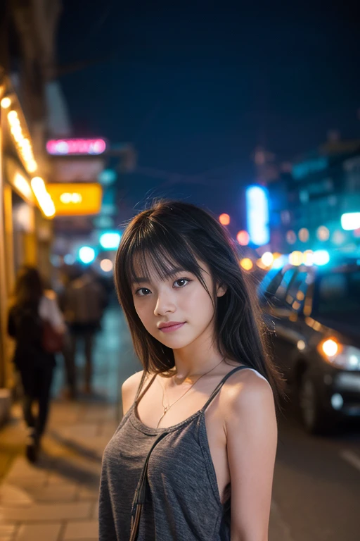 xx Remix Girl,1girll, fish eye, self-shot, Wind, Messy hair, Sunset, Cityscape, (Aesthetics and atmosphere:1.2), Gray hair,Smiling,Movie girl