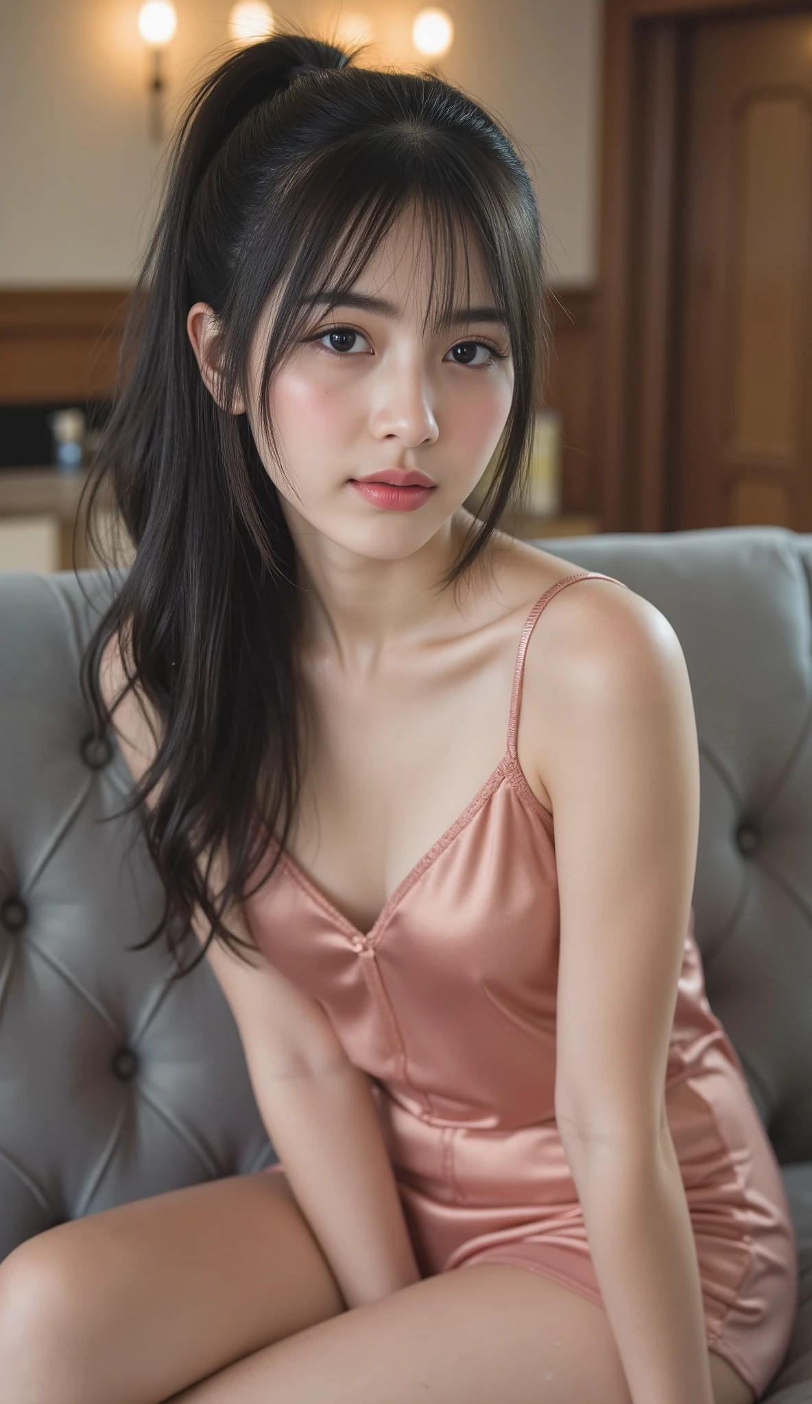 Photos of beautiful Thai girl, Sweet Smile , Beautifully Shaped , Black Long Hair Tied Into Straight Ponytail , Beautiful legs and size A breasts. model wearing shiny silk single strap pajamas, Short dress, Add elegance and femininity. sitting sexy on gray sofa in luxury house