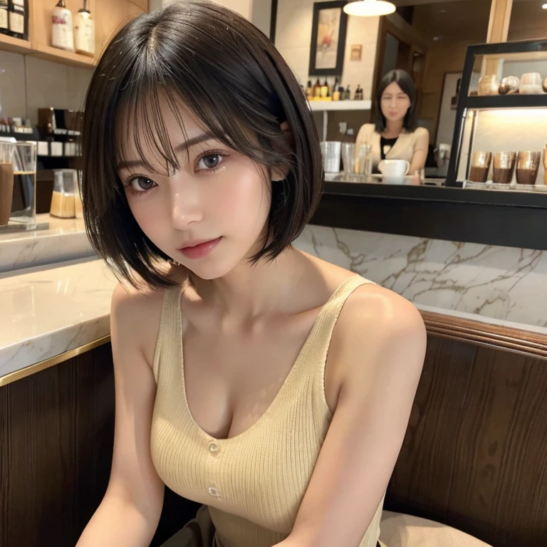 super high quality, Short Hair, Slenderのネックレス, Slender, The staff is working at the counter in the back., (8k、RAW Photos、Highest quality、masterpiece:1.2), Stylish café, The cafe is crowded with people enjoying themselves., (Realistic、Photorealistic:1.37), Female college student, Bob Hair, Mesh Hair, Urban Cafe, Golden Ratio, Raw photo, Cute face , Small breasts, Bright cafe interior, Blurred Background, Summer clothes, Cafe Terrace, Open Cafe, A kind smile, Hair blowing in the wind, Neat clothes, boyish, T-Shirts, ベリーShort Hair, 18-year-old, younger sister, Stylish clothes,