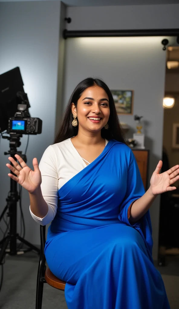 "An Indian young modern Lady, curvy,sitting on a chair in his modern YouTube studio, wearing  blue saree white blouse displaying his  looking. 

She  is facing forward with a clear and confident expression, using both hands to explain something enthusiastically.

The studio background includes professional lighting, a camera setup, and a computer screen, creating a bright and engaging atmosphere that highlights the creative workspace."