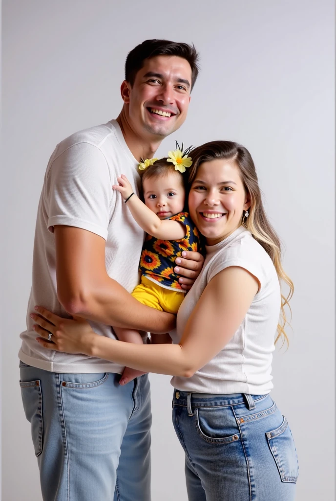 Tall bald white man with beard wearing white shorts with a light blue t-shirt , with a one-year-old blond, blue-eyed baby on her lap , baby wearing a batman costume with his wife next to him , Tall white woman with curly hair wearing a sunflower print dress