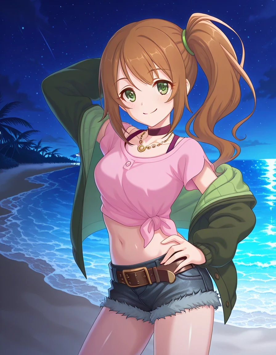 chloerealPCR, long hair, brown hair, long sleeves, navel, jewelry, green eyes, collarbone, open clothes, choker, midriff, necklace, off shoulder, side ponytail, open jacket, crop top, short shorts, denim shorts, pink shirt, green jacket, brown belt, tied shirt, cutoffs, anime screencap, shiny skin, high quality, solo, night sky, beach, handbehind head, hand on hip, ((contrapposto)), closed mouth, cowboy shot, looking at viewer, smile, best quality