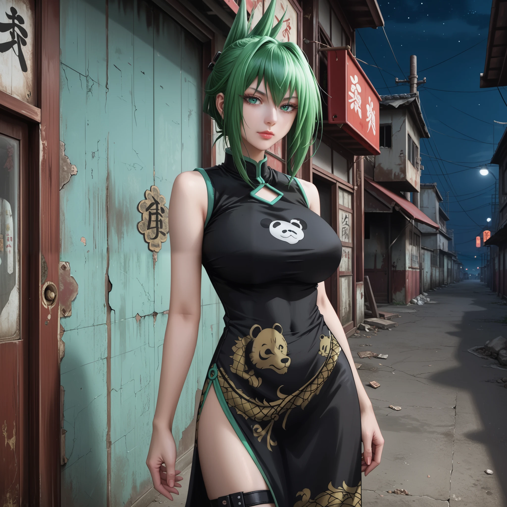 score_9, Jun_Tao, 1girl, huge breasts, green eyes, green hair, hair between eyes, black dress, china dress, chinese clothes, dress, hip vent, panda print, side slit, sleeveless dress, thigh strap, front of an old Japanese cinema, abandoned location, night, alone, realistic, high quality, detailed