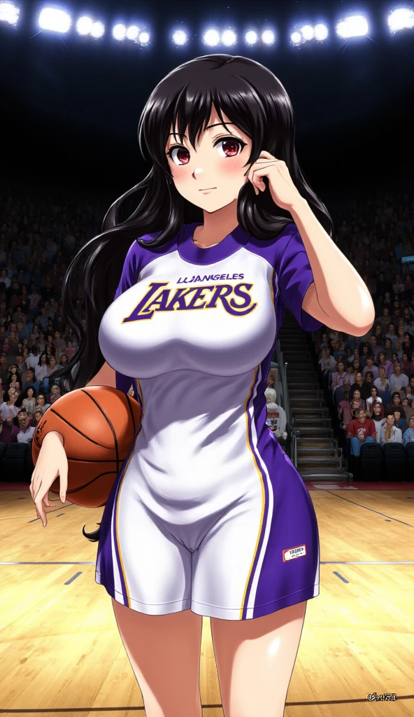 Close-up of a person in a basketball uniform, picture, Inspired by Kentaro Miura, Topics on pixiv, Shinobu Kochou, Demon slayer, Kimetsu no Yaiba, Wearing a yellow NBA jersey, yellow Crop top nba jersey, wearing a low cut Crop top, wearing Crop top, Crop top, written "Lakers" on the Crop top, Golden Light, (Wink), shirobako, big)}], Favorite scene, Fine details. anime. skin, sweating, Big Breasts, Hands raised, Underarm, Underarm visible, Sweat dripping, Sweat more, sweaty Underarm