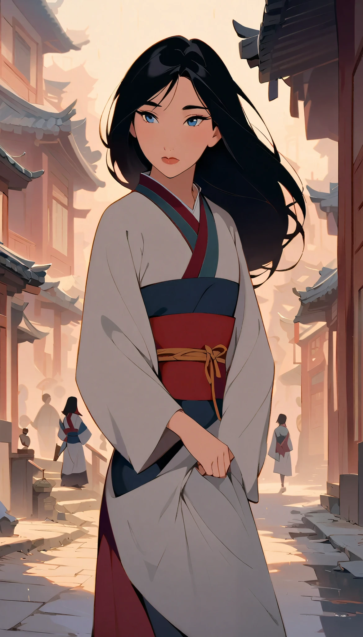 Hua Mulan，Show female shy，19 years old, like a porcelain doll, fine features, delicate，Black and red color scheme，poster，iconic disney characters。shonen style, anime style, straight hair, big hair, ((long hair)) ,japanese young woman warrior, black hair, traditional japanese dress, wind blow, winter, ((raining on winter)), bottom perspective, panoramic view, fantastic lighting, detailed, with an sword, ((perfect eyes)), ((really shy)), woman body, kunoichi, dutch angle, shinobi village, konohagakure, ((closed mouth)),((loooking down))
